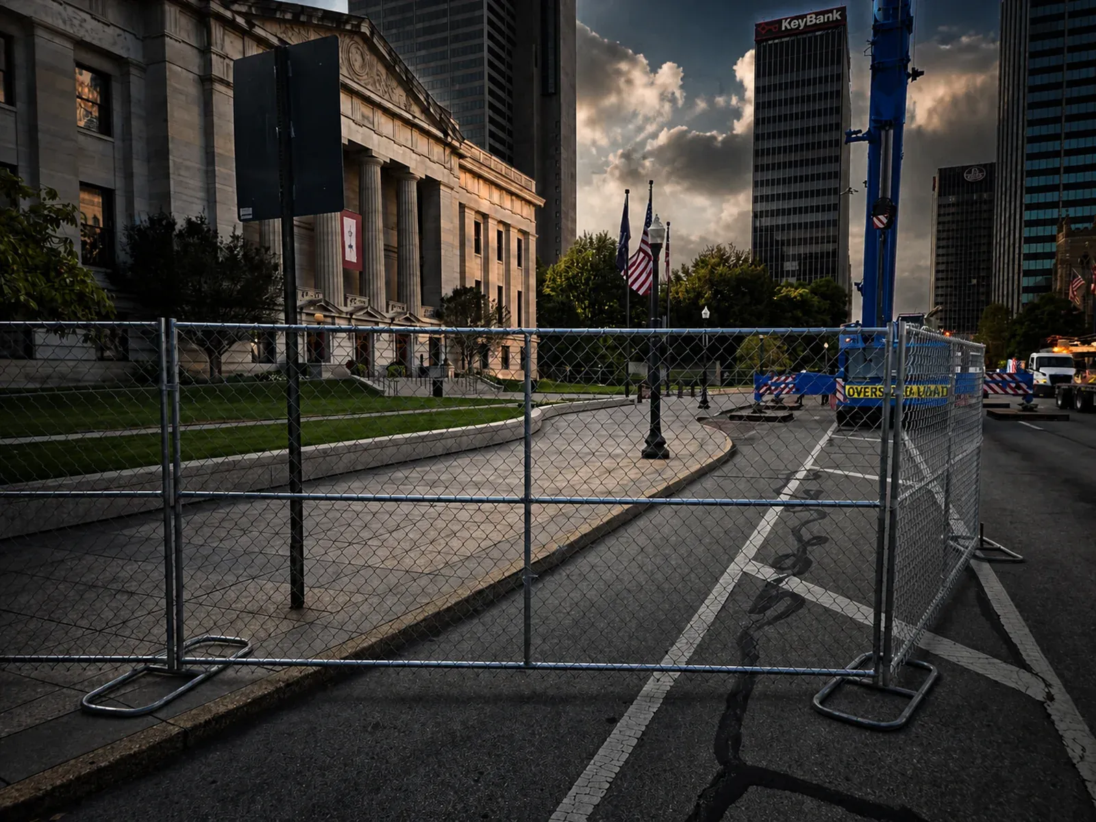 Midway crew fencing an active street closure in Columbus — Midway Rent-A-Fence